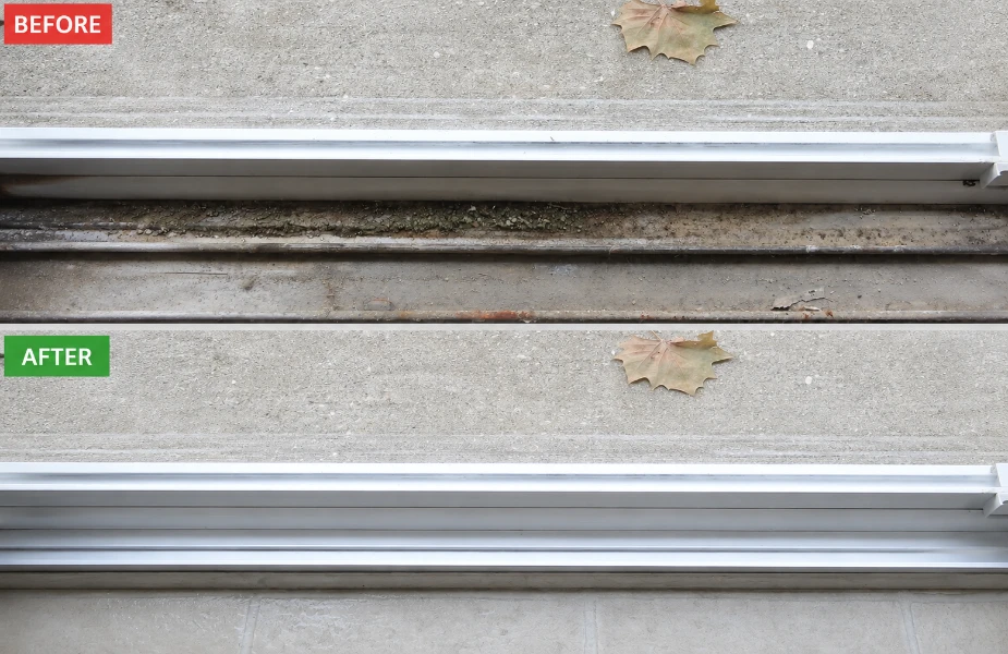 Before and after sliding glass door track repair showing misaligned track straightened in Fort Myers FL