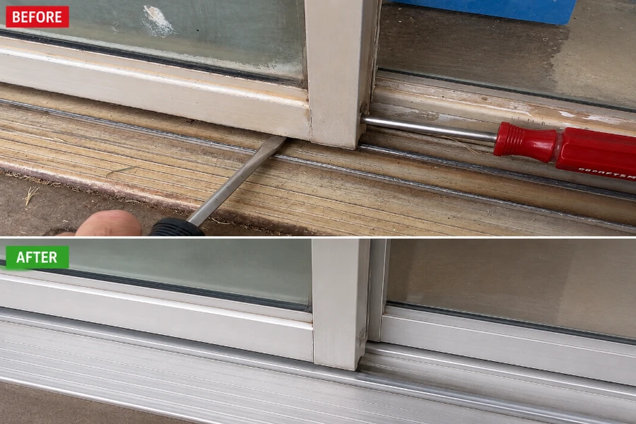 Before and after sliding door track misalignment fixed and realigned by Fort Myers technician